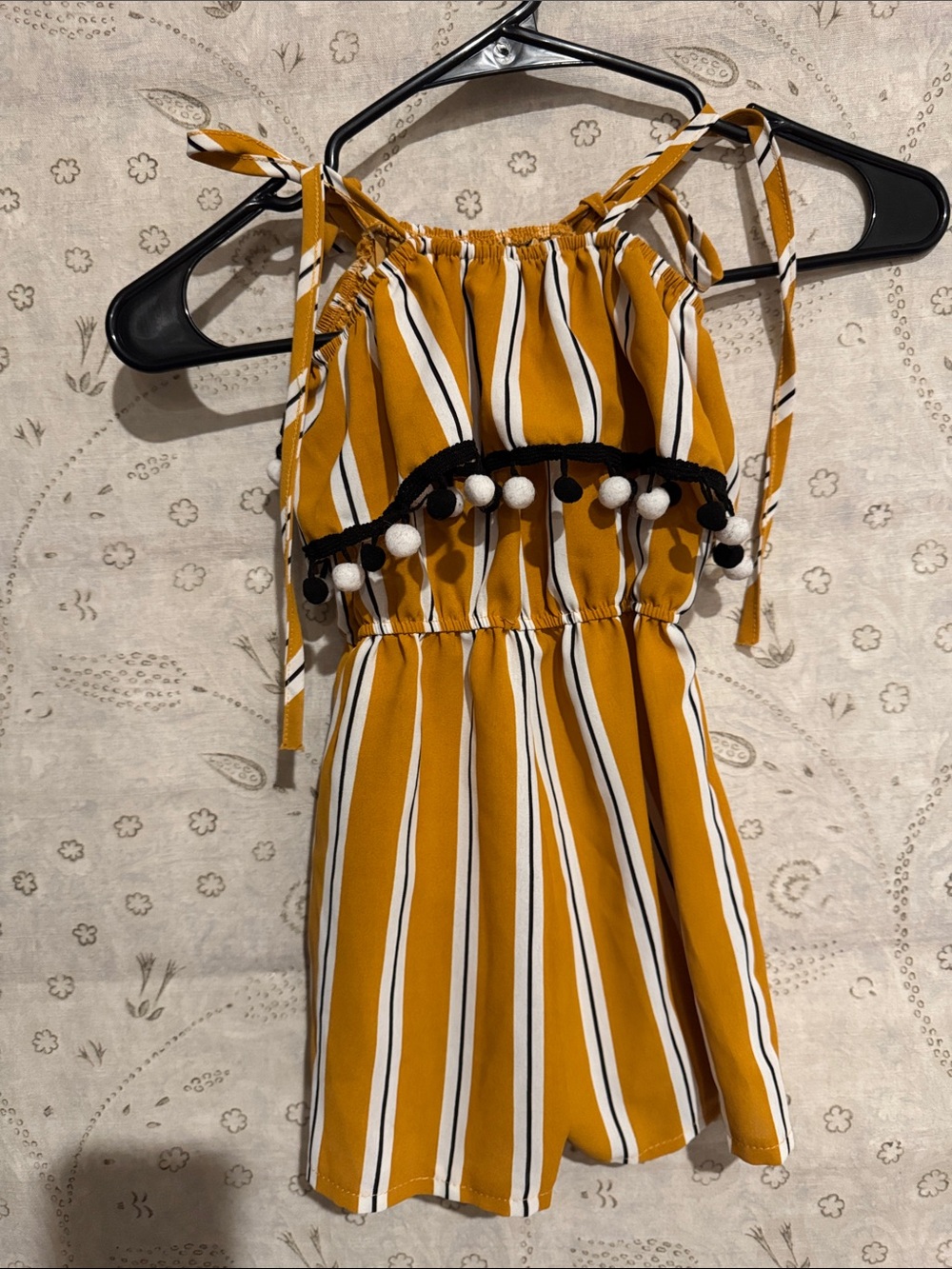 Girls' Mustard Striped Pom-Pom Romper